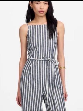 New!  Madewell Pleated Wide-Leg Jumpsuit in Pinstripe Linen Sz 2